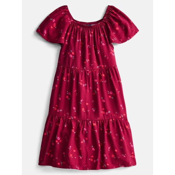 Wonder Nation Girls Woven Tiered Dress with Short Sleeves, Sizes 4-18