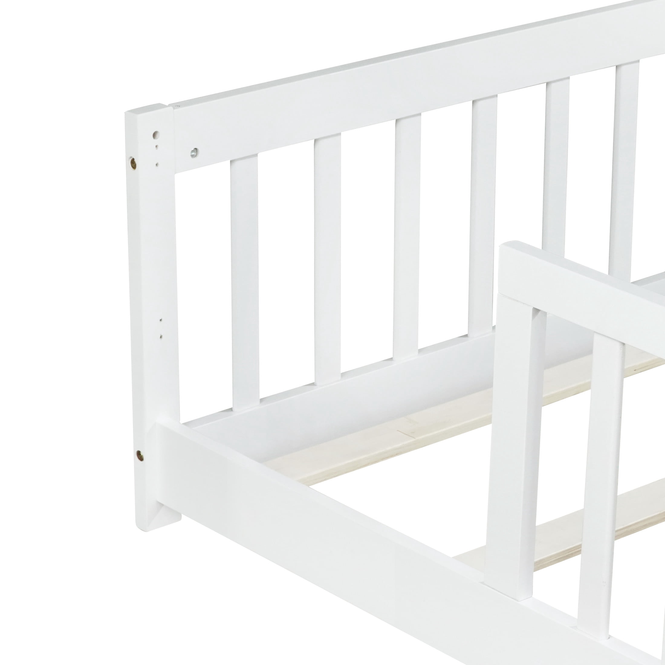 Noble House Erika Twin Floor Bed with Safety Fence, Rubber Wood Montessori Bed Frame, Kid's Room, White