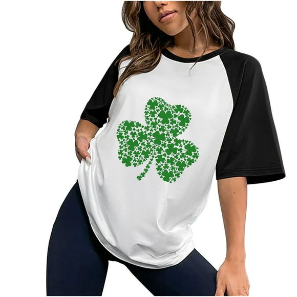 QIPOPIQ Women's Short Sleeve Crew Neck Shirts St. Patrick's Day T Shirts Patchwork Shamrock Green Lucky Shirt St Patricks Day Shirts Summer Tunic Shirts Holiday Shirts Graphic Tees Deals