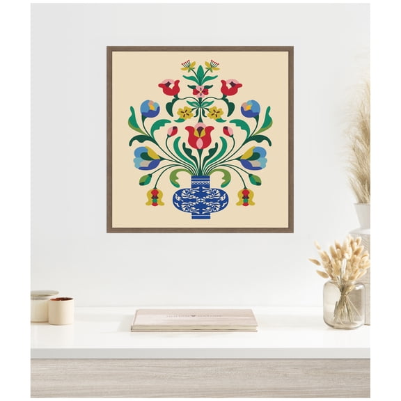 Kate and Laurel Framed Canvas Wall Art Print Floral Blue Vase 02 by Rachel Lee, 22 x 22 Sylvie Walnut Frame, Whimsical, Flower Art for Wall Decor