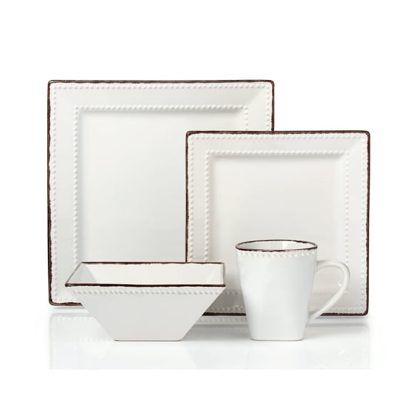 Stylish and Elegant 16 Piece Square Beaded Stoneware Dinnerware set Service for Hosting Parties and Events - White, 16 Piece, Square Beaded