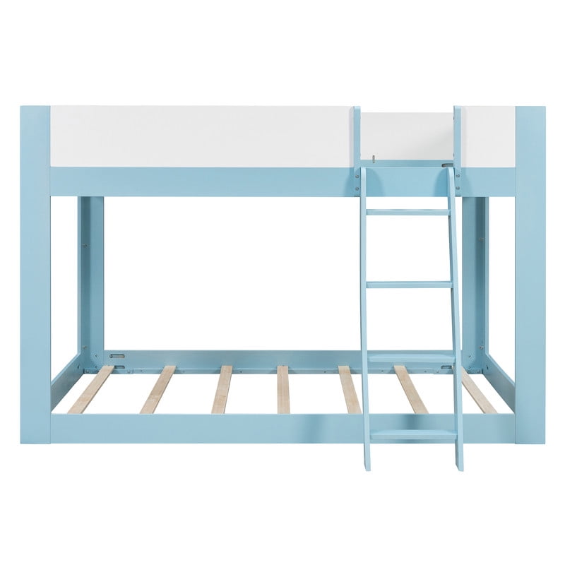 Queen-Over-Queen Low-Profile Bunk Bed with Guardrails, Wooden Kids Bed with Reversible Ladder, Accent Two-Tone Bed Frame