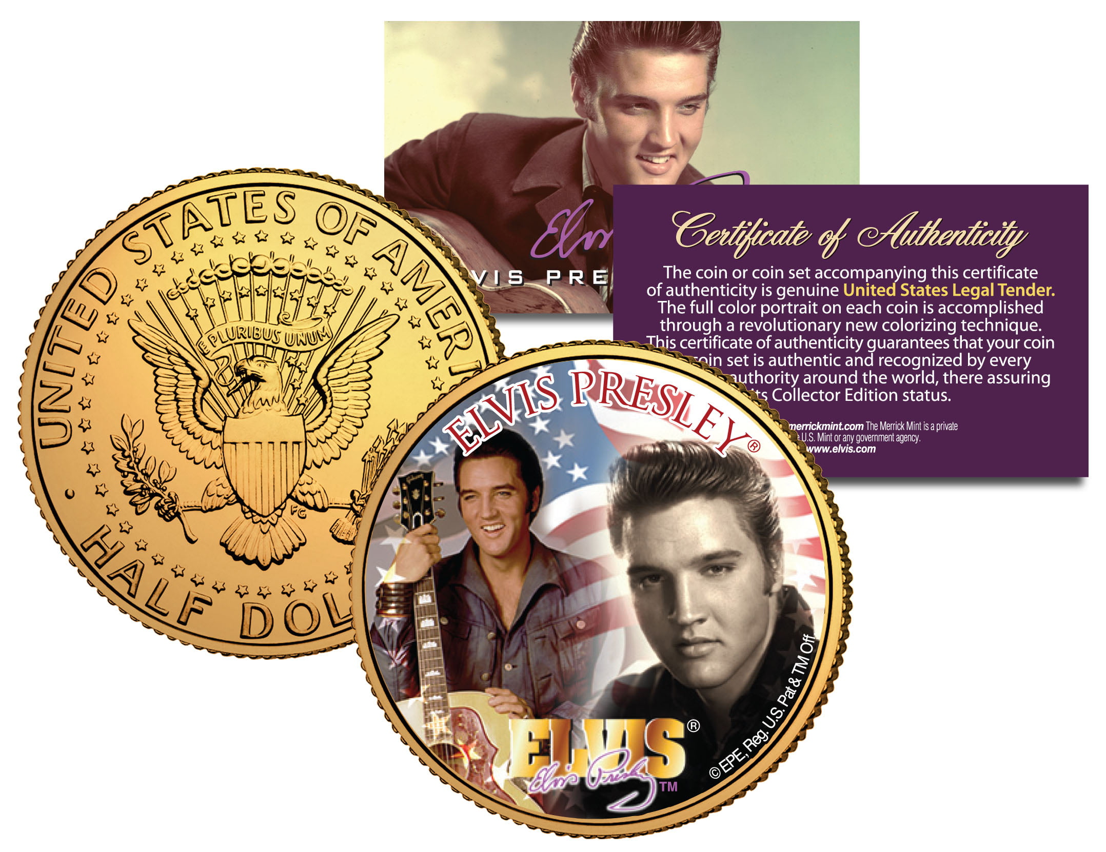 USA Elvis Presley King of Rock and Roll Coloured Gold Plated 25c & 50c Coin 