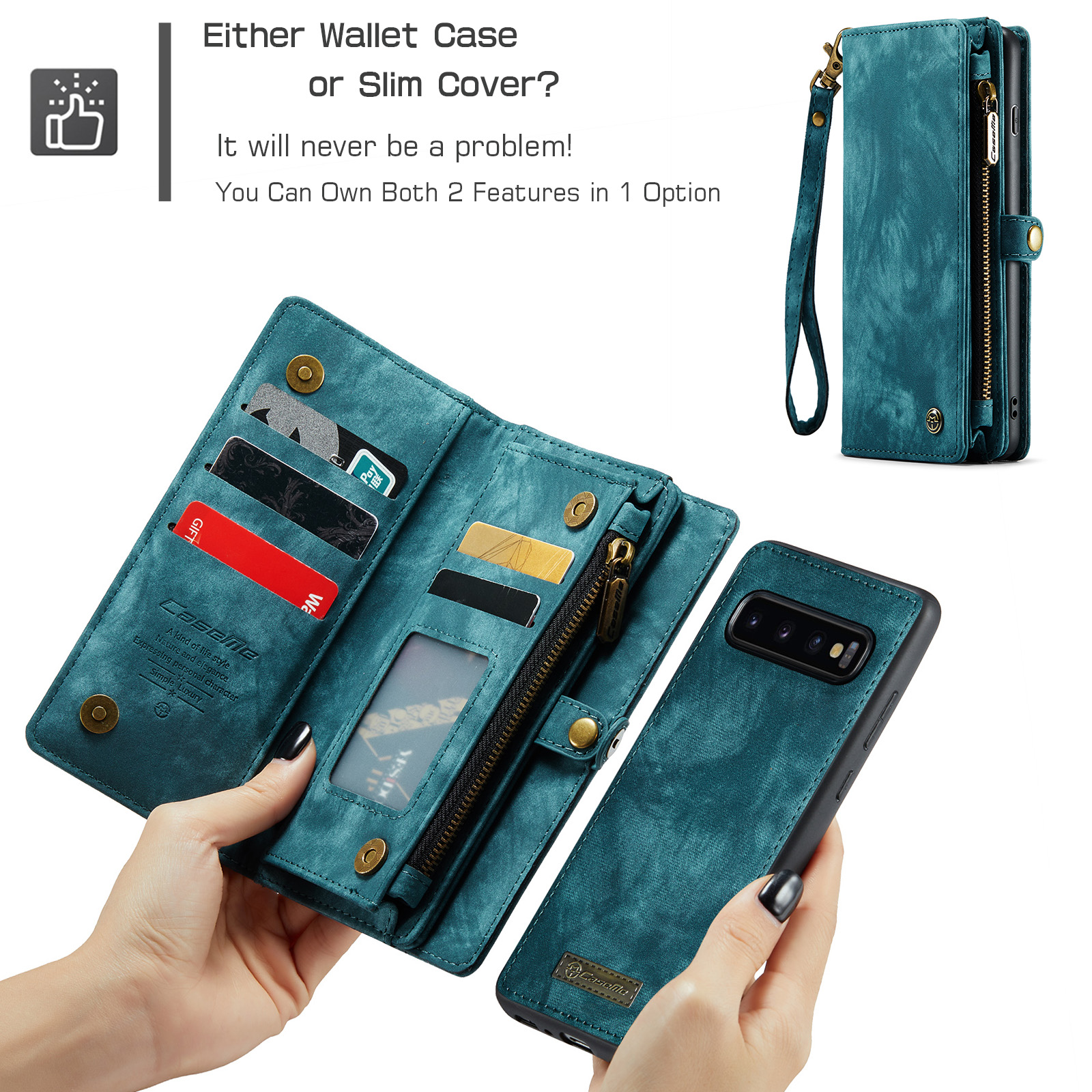 For Samsung Galaxy S10 Wallet Case,Multi-Functional Retro Leather Purse Flip Cover Zipper Wallet Case with Removable Card Slots Pocket & Detachable Wrist Strap Magnetic Phone Case, Green