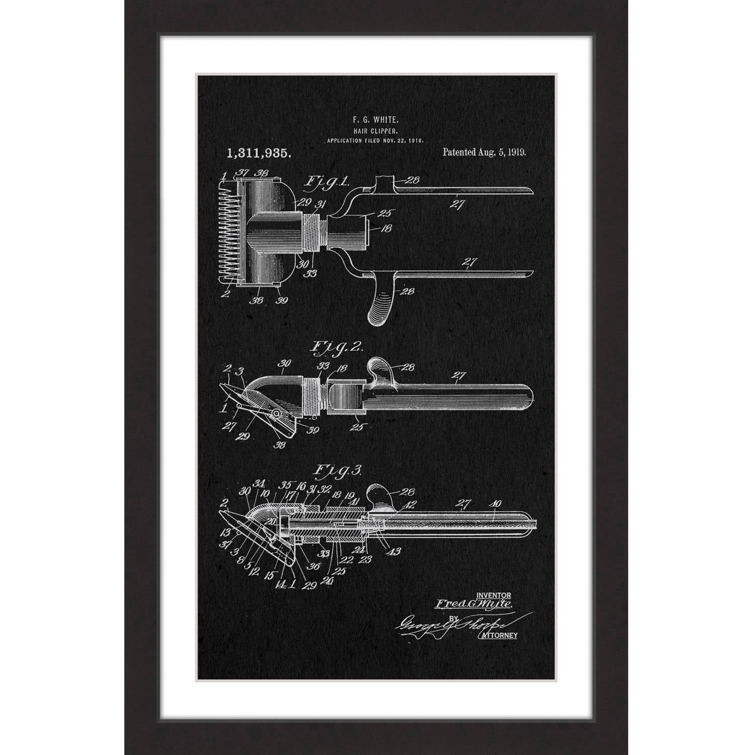 "Hair Clipper 1919 Black Paper" Framed Painting Print