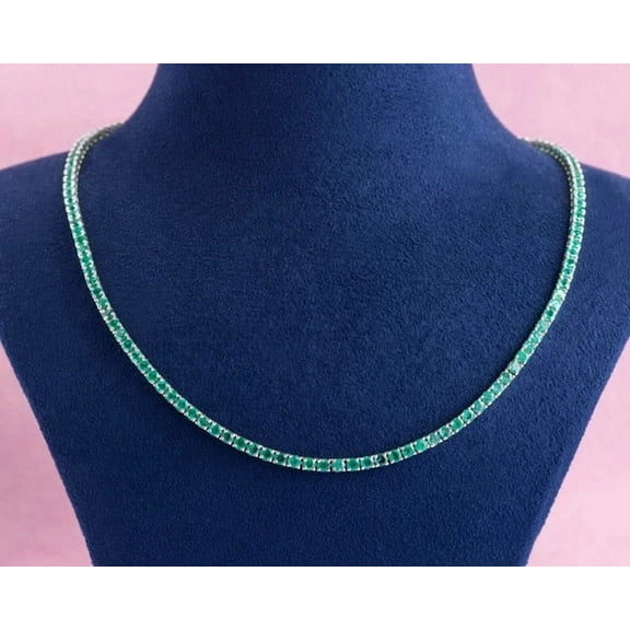 15Ct Round Cut Lab Created Green Emerald Tennis Necklace 14K White Gold Plated