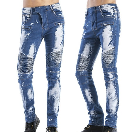 Men' s Fashion Brand Biker Jeans Hip Hop Punk Style Painted Denim Pants Straight Slim Fit Jean Trousers with Zipper Decoration For Men