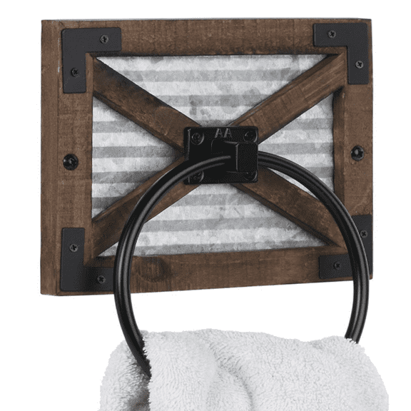 Autumn Alley Farmhouse Hand Towel Ring for Bathroom with Bracket - Bath Towel Rings Holder - Towel Rings for Bathroom Wall Mounted Decor Mix of Wood, Galvanized Metal & Black Rings