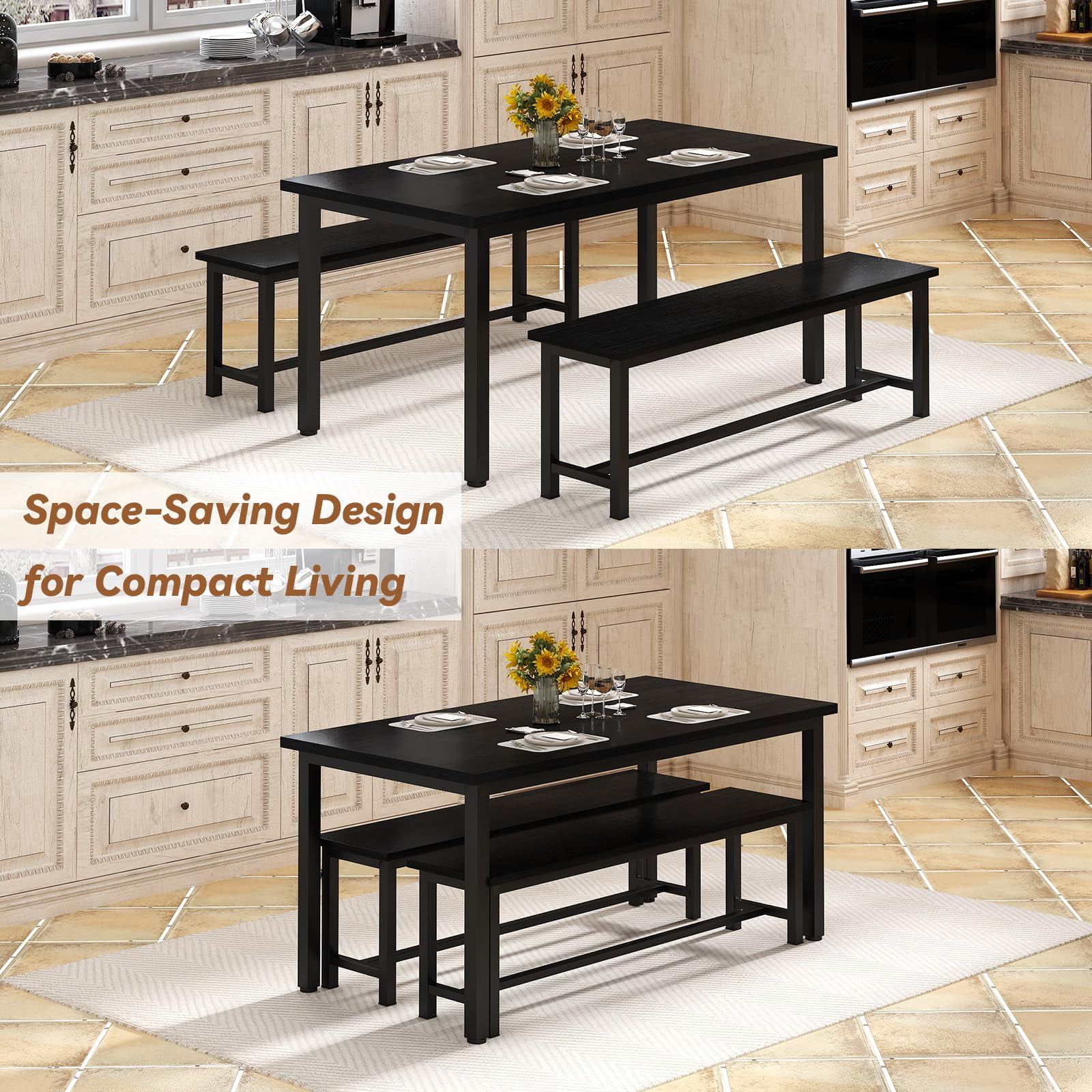 Cvortll Dining Room Table Set, Kitchen Table Set with 2 Benches, Ideal for Home, Kitchen and Dining Room, Breakfast Table of 43.3x23.6x28.5 inches, Benches of 38.5x11.8x17.5 inches, Black