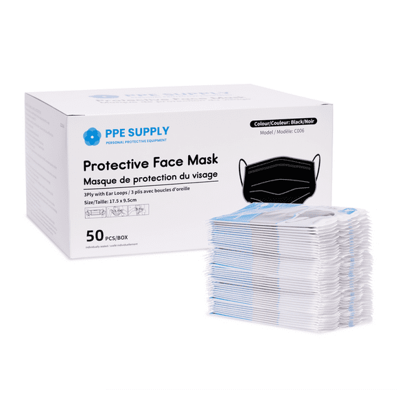 Black 3-Ply Premium Disposable Face Masks (Adult), Individually Sealed and Wrapped (Pack of 50 Masks)