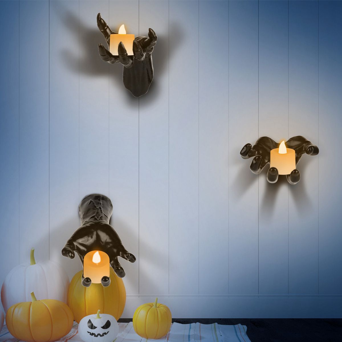 3-Pack Halloween Creepy Reaching Hands Decor, Devil/Normal/Half Hand with Lighted Candles, PVC Material, Wall Hanger Function for Party/Home
