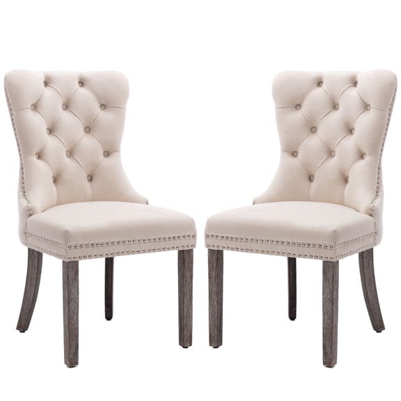 KCC Velvet Dining Chairs Set of 2, Upholstered Side Chairs with Solid Wood Legs, Back Pull Ring & Nailhead Trim for Dining Room & Kitchen, Beige