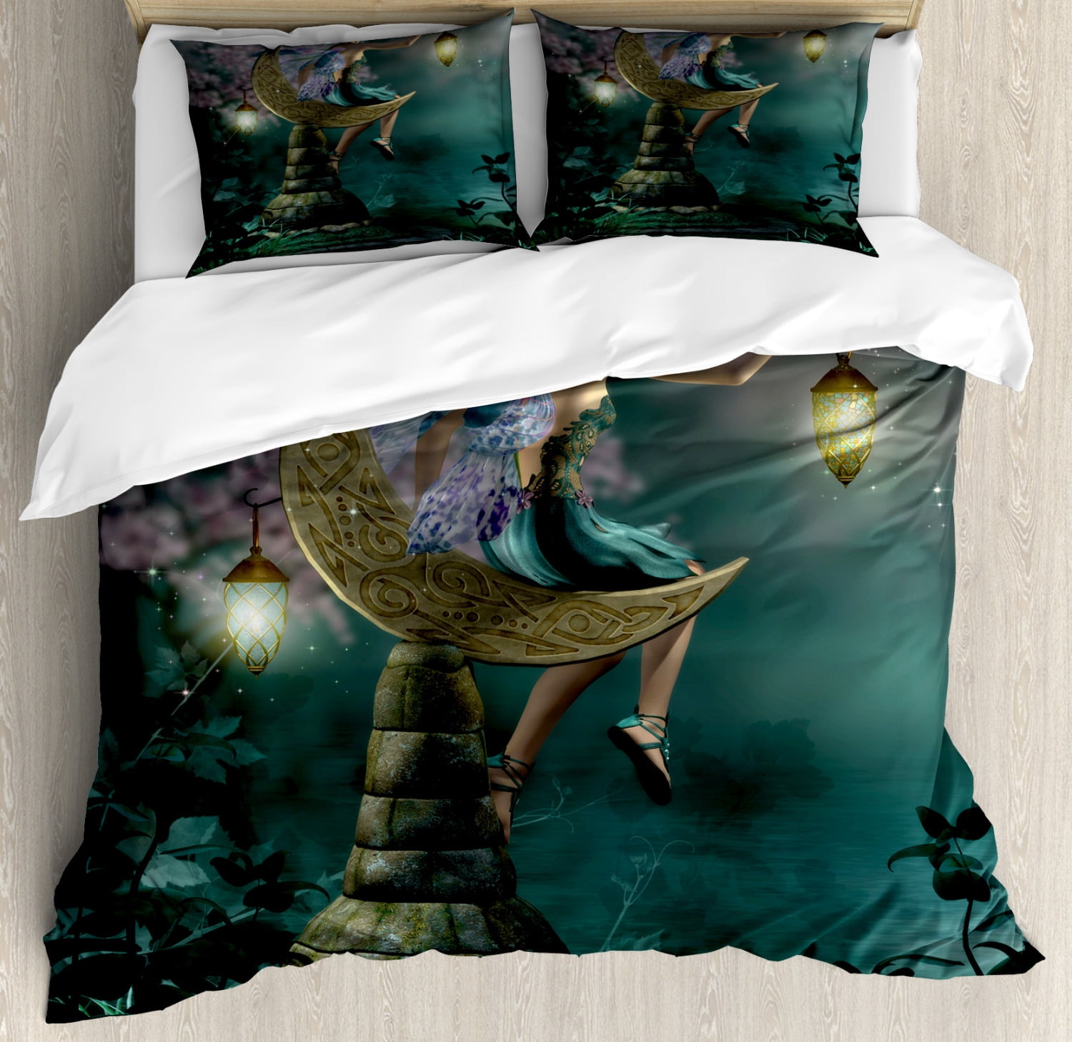 Fantasy Duvet Cover Set, Little Pixie with Lantern Sitting Moon Stone Fairytale Myth Kitsch