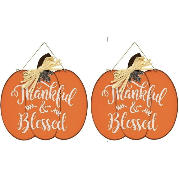 Greenbrier International Thankful & Blessed Pumpkin Fall Hanging Sign 12"X12"(2-Pack)