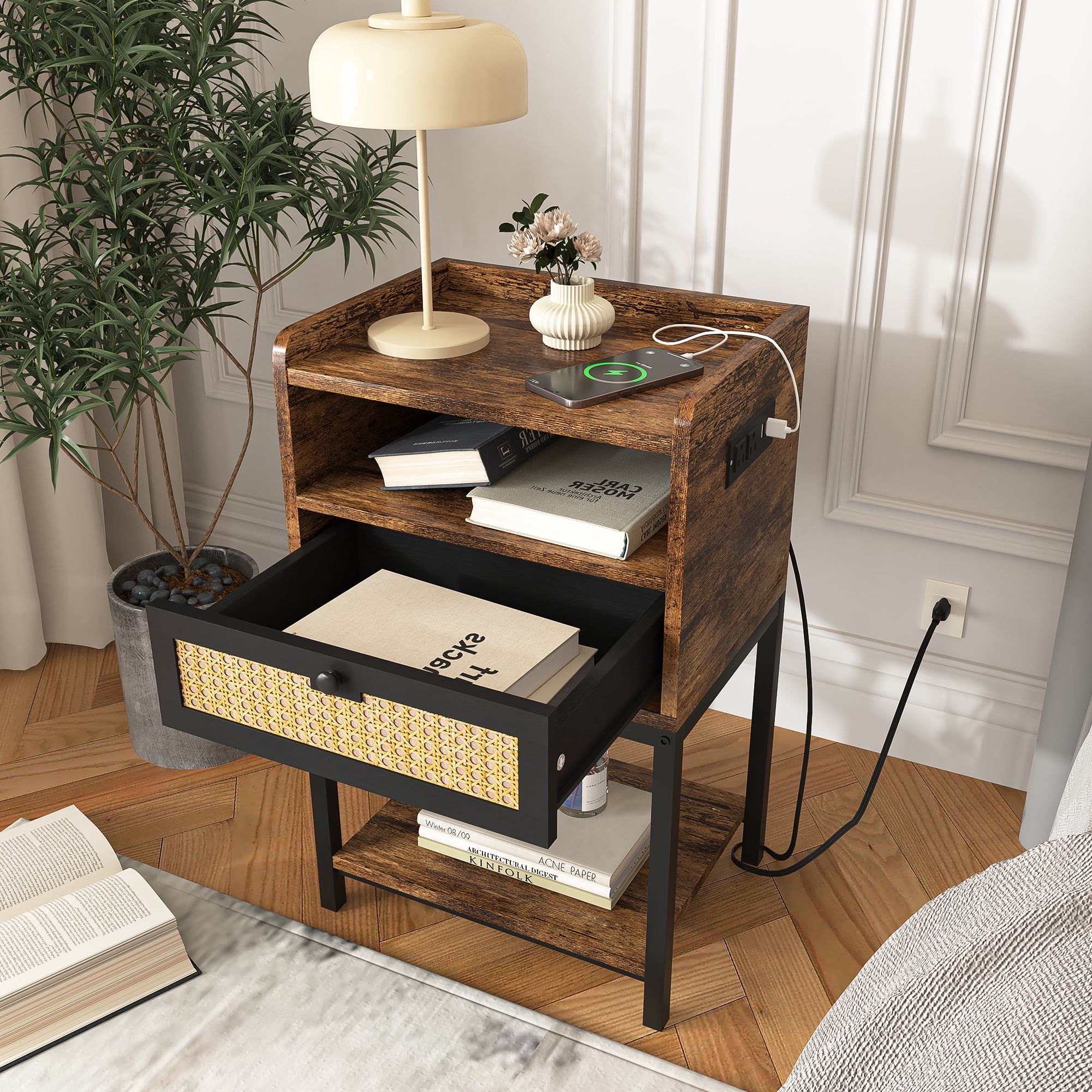 Hommoo 3-Tiers Storage Nightstand, Bedside Table with Charging Station and USB Ports, End Tables for Bedroom, Rustic