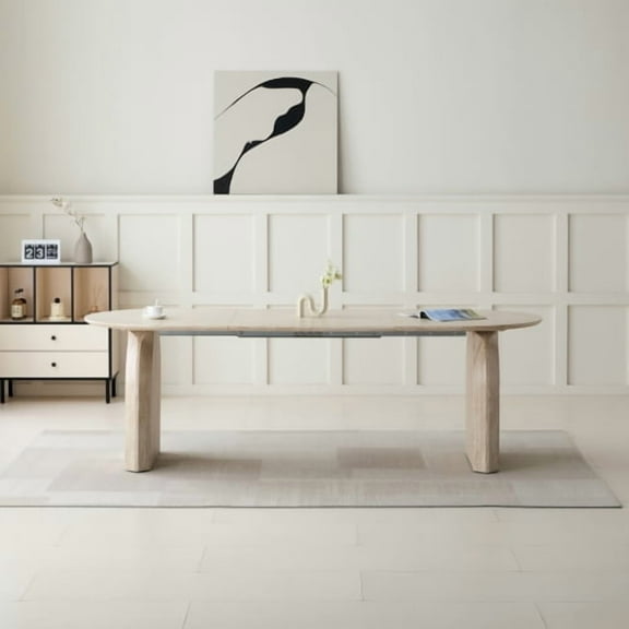 Wood Extendable Dining Table, Modern Oval Kitchen Table with Dual-Pillar Design, Space Saving Expandable Table for Dining Room, Living Room, Home Gathering, Natural Wood