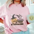thumbnail image 3 of Happy Halloween T-Shirt, Cute Pumpkin Jack-O’-Lantern with Witch Hat Ghosts and Bats Graphic Tee, Fun Spooky Season Shirt, Fall Festival Outfit, 3 of 7