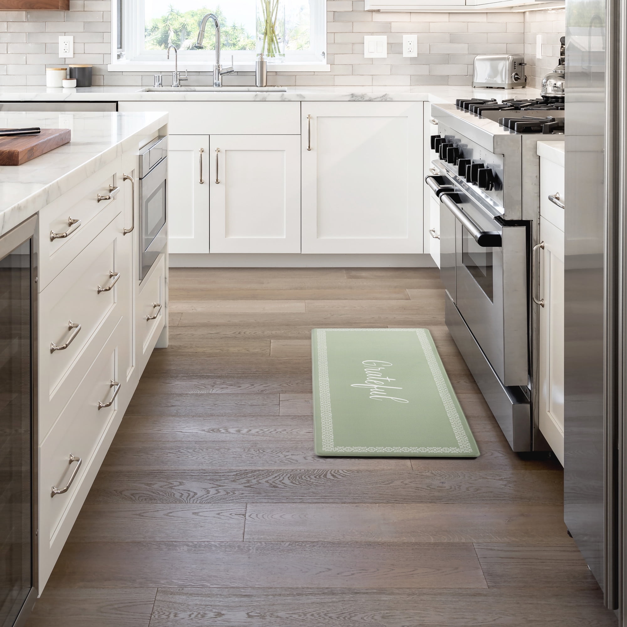 MARTHA STEWART Bloomfield Grateful Border Kitchen Mat, Comfort Standing Mat, Non-Slip Backing, Water & Stain Resistant, Green, 18"x48"