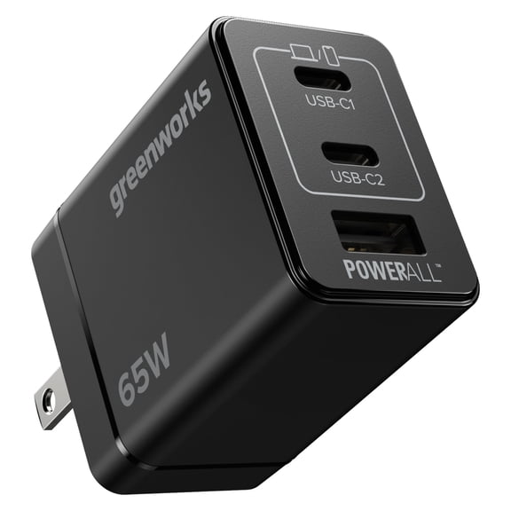 Greenworks POWERALL 65W USB-C, USB-A GaN II Charger, 3-Port Foldable Compact Fast PPS Wall Charger Type-C, Travel Charger