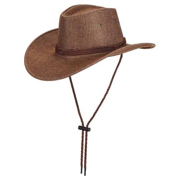 PULLIMORE Linen Western Cowboy Hat Men Women, Breathable Wide Brim Sun Hat Strap