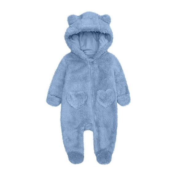 Baby Jumpsuit Baby Snowsuits Winter Fleece Romper with Hood Newborn Bear Snowsuit Boy and Girl One Piece Suit for 0-12 Months, Blue, 0-3 Months