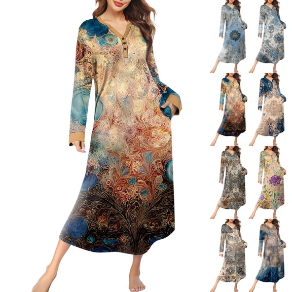 Women's Nightgown Sleep Dress Long Loungewear V-Neck Henley Nightdress with Pocket Floral Print for Spring Fall,Beige,L