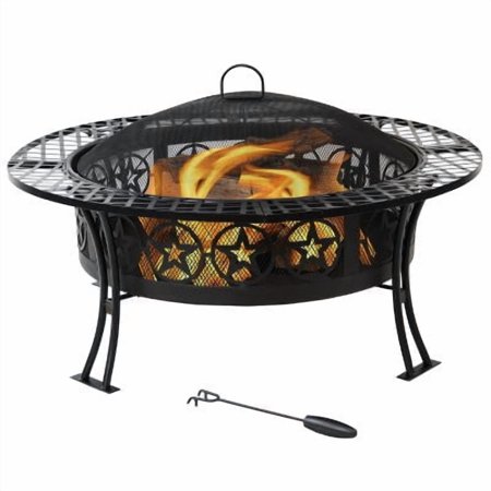 Outdoor Camping or Backyard Steel Round Four Star Fire Pit Table with Spark Screen - 40" - Black