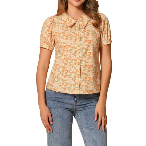 BLUSA DE BOTONES PARA MUJER CHIC INSPIRE, CON MANGAS CORTAS Y PUFF, CUELLO TURNDOWN, FLORAL, DE ALGODÓN, COLOR NARANJA