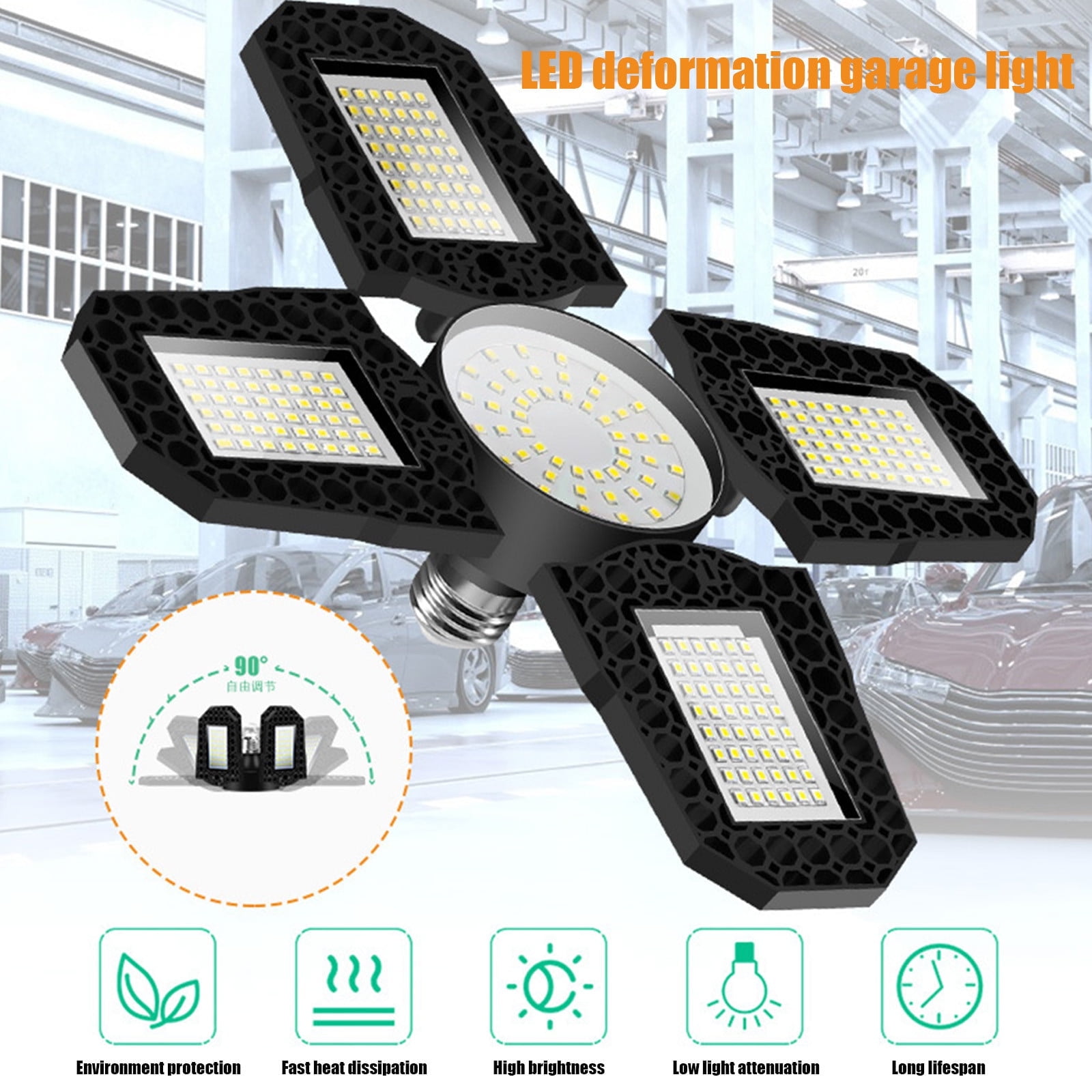 LED Garage Light With 6 Adjustable Panels for 360-Degree Coverage, 12000LM Super Bright E27 Screw-in Shop Light for Workshop Basement
