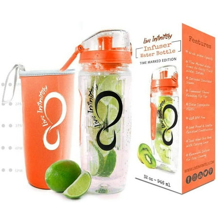 

Live Infinitely Fruit Infuser Water Bottle with Time Marker Insulation Sleeve and Recipe Ebook 32 Oz Orange