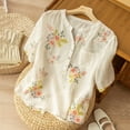 thumbnail image 6 of Blouse for Women Floral Print Cotton Linen Short Sleeved Shirt Loose Slimming Short Sleeved V-Neck Top, 6 of 6