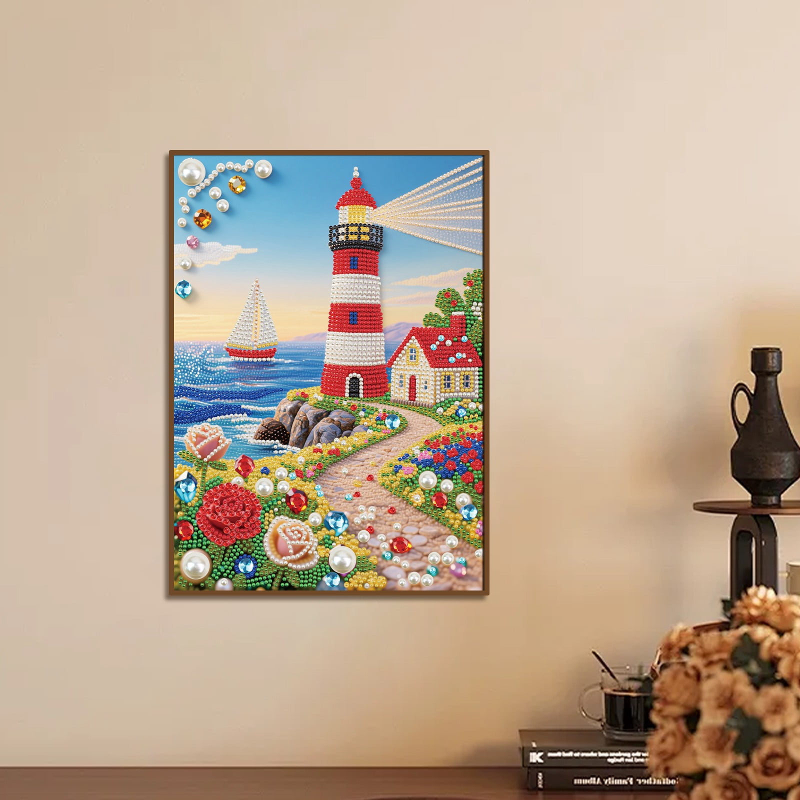 FLOPESN DIY Gemstone Pearl Diamond Art Painting Kit Unframed, 9.84X13.78in, Colourful Canvas Holiday Present Home Wall Decor Unframed-Lighthouse-1