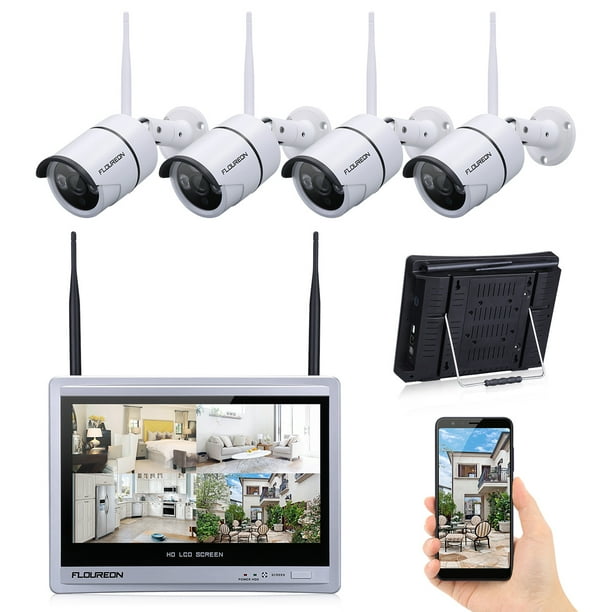 FLOUREON 8CH 1080P WIFI NVR with 12” LCD Monitor Wireless Security Camera System,4 Wireless