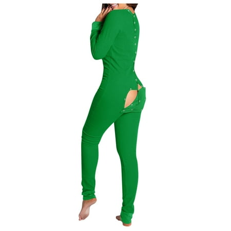 

Chiccall Lounge Sets for Women Sexy Onesies Pajamas Long Sleeve One Piece Jumpsuits Sleepwear Solid Botton Down Jumpsuit Romper with Butt Flap on Clearance