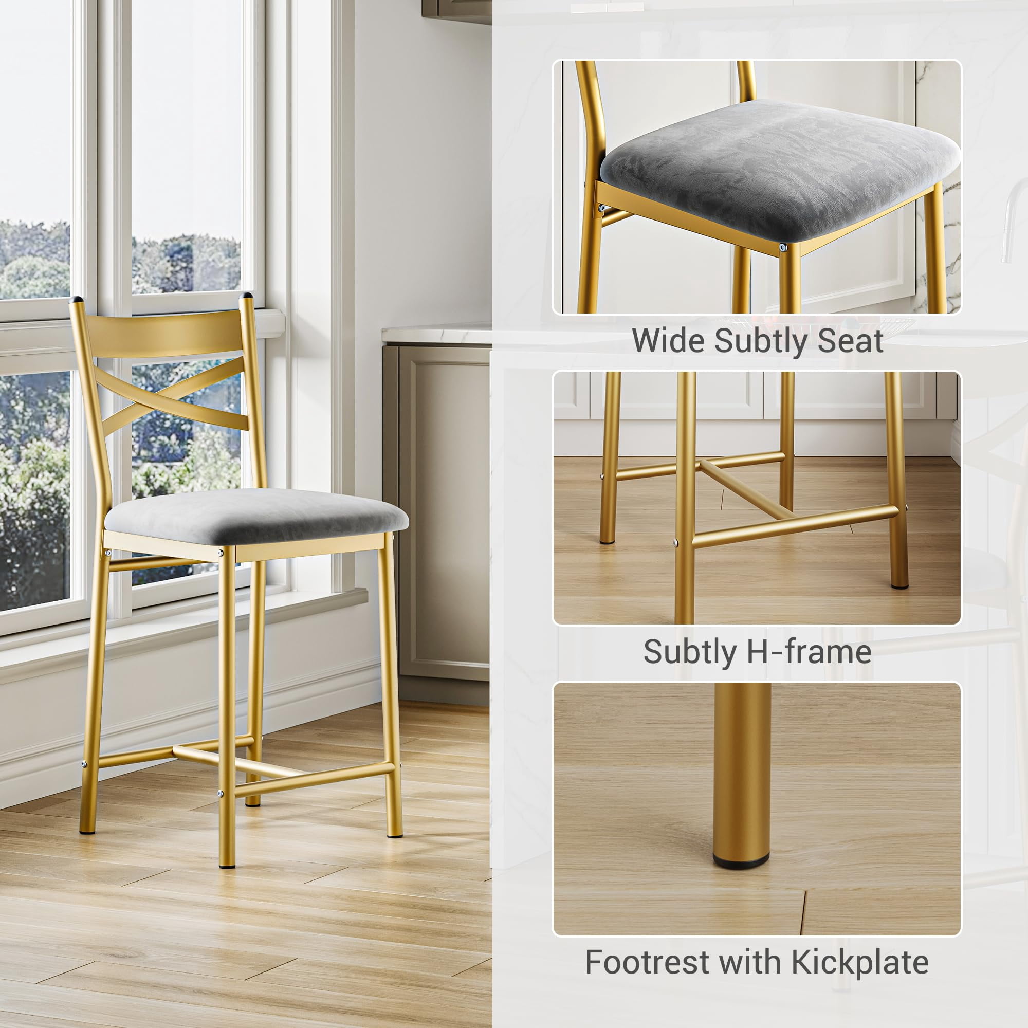 WildBreak 22 inch High Back Bar Stools Set of 2,Upholstered Bar Chairs with Back for Kitchen, Gold