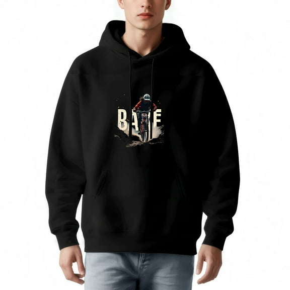Men's Black Hoodie with Dirt Bike Graphic & ' BAKE ' Text - Long Sleeve Pullover Sweatshirt with Front Pocket for Adventurous Style