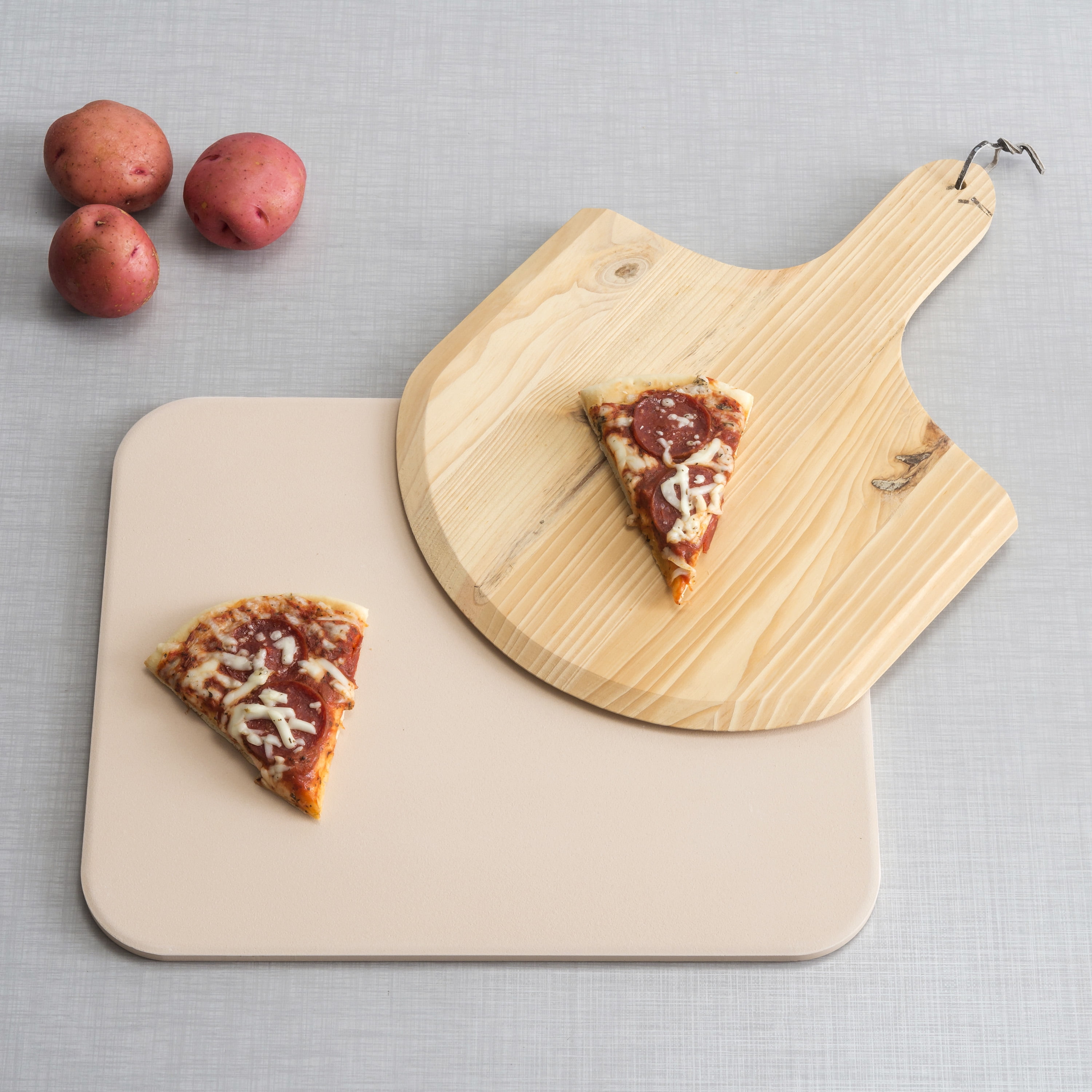 HB Ceramic Pizza Stone with Wood Paddle, White