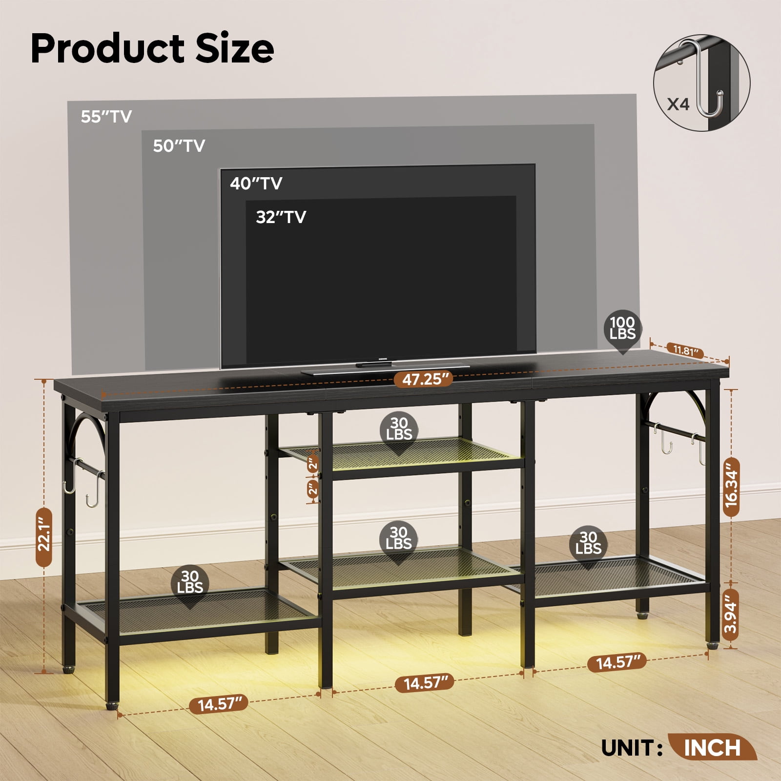 Pinmoco TV Stand for TVs up to 55 Inch, LED Light Entertainment Center with Open Storage Shelves, TV Media Console Table for Living Room, Bedroom, Black