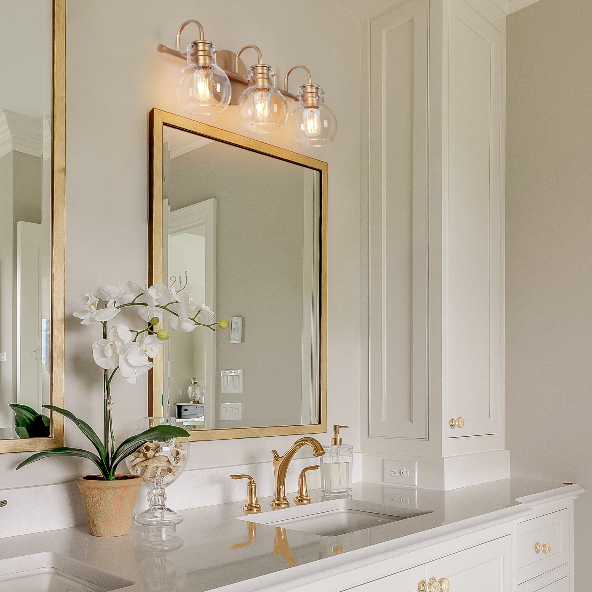 LNC 3-Light Gold Round Clear Glass Shade Modern Bathroom Vanity Lighting Fixutre