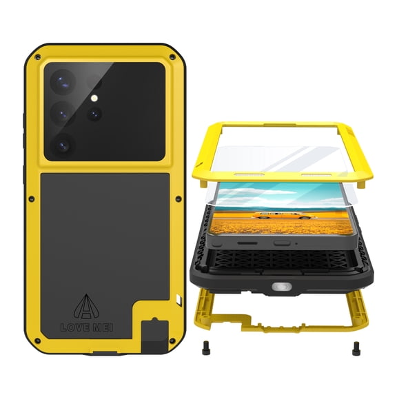 for Samsung Galaxy S26 Ultra Metal Silicone Case, Heavy Duty Shockproof Rugged Case with Built-in Glass Screen Protector, 360 Full Body Protective Tough Cover for Samsung Galaxy S26 Ultra, Yellow