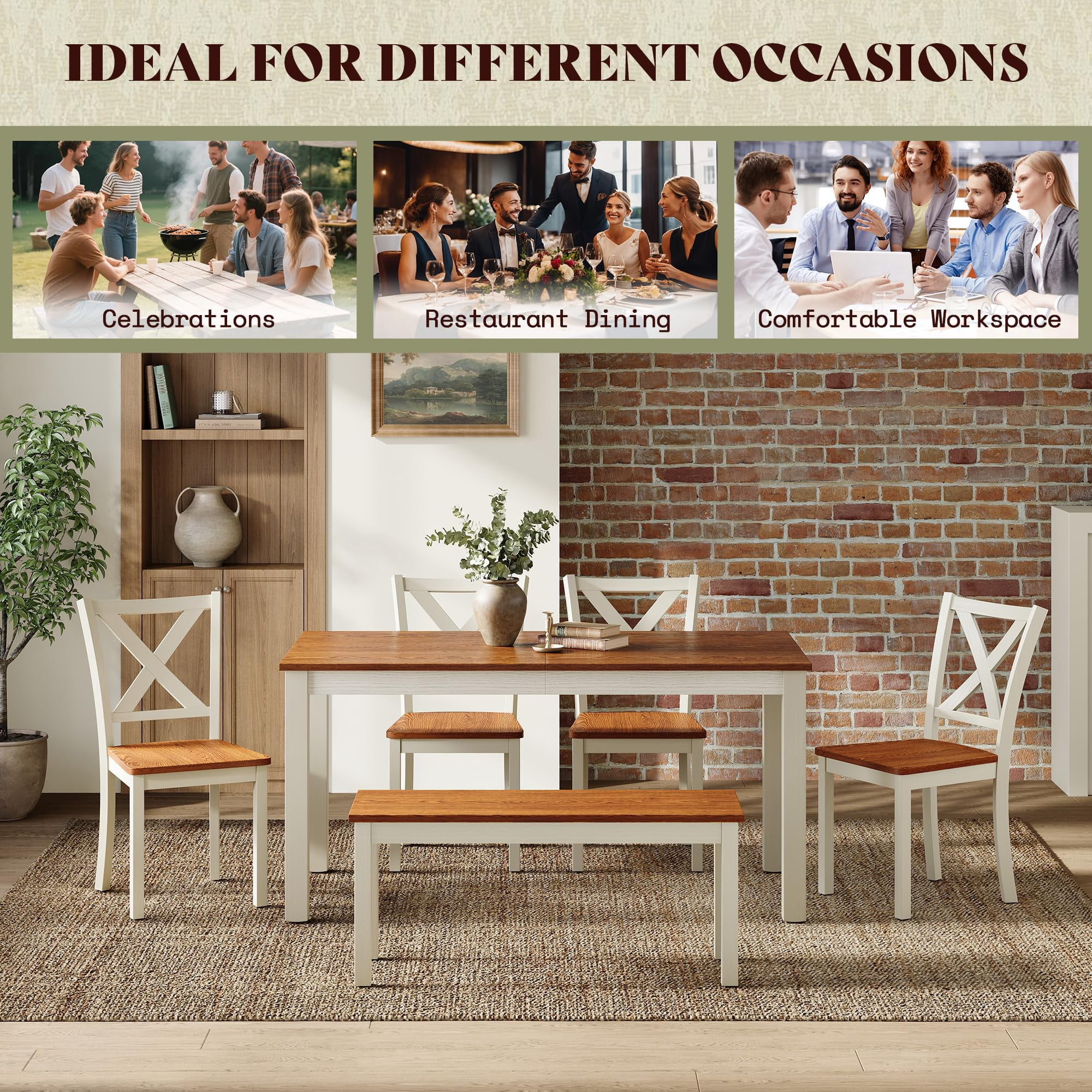 Merluxy 6-Piece Farmhouse Dining Table Set, 59" Wooden Table with 4 Chairs & Bench, Kitchen & Dining Room Set for 6, Walnut & White