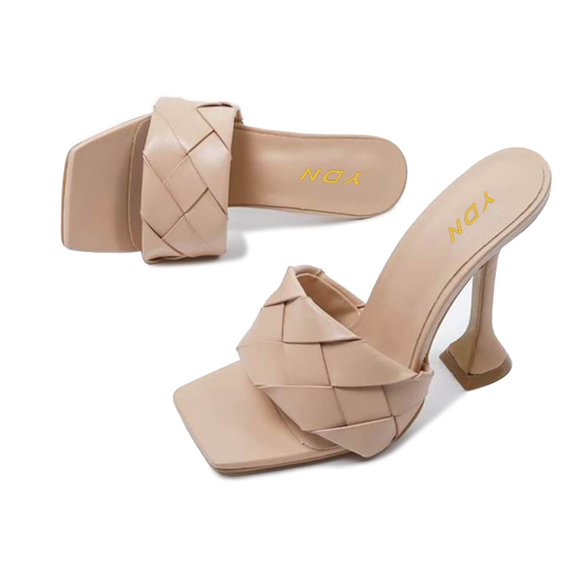 YDN Women Classic Square Open Toe Slide Mules Kitten High Heel Slip On Sandals Backless Daily Dress Shoes Size 13 Beige