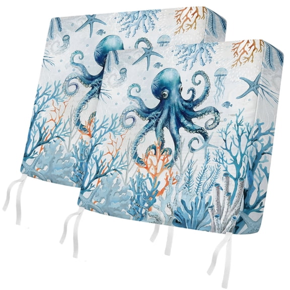 Outdoor Patio Cushion Covers 2 Pack Blue Octopus Chair Cushion Seat Pads with Ties & Zipper Waterproof Seat Cover Ocean Coral Starfish Chair Slipcovers for Outdoor Furniture Couch Sofa 20x18 Inch