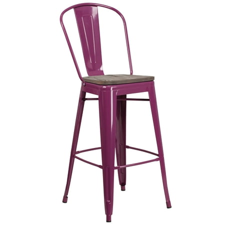 Flash Furniture Cindy 30" High Purple Metal Barstool with Back and Wood Seat