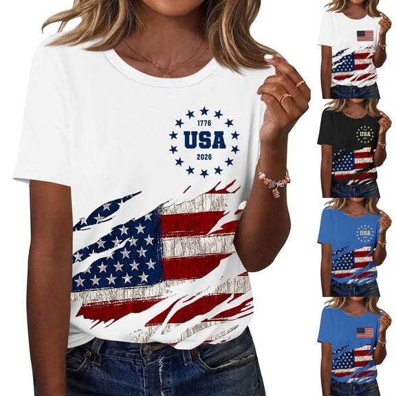 250th Anniversary T-Shirt for Women - Distressed USA Flag Graphic Tee with "1776-2026" Badge, Ripped Effect Patriotic Crew Neck Short Sleeve Top Blue L