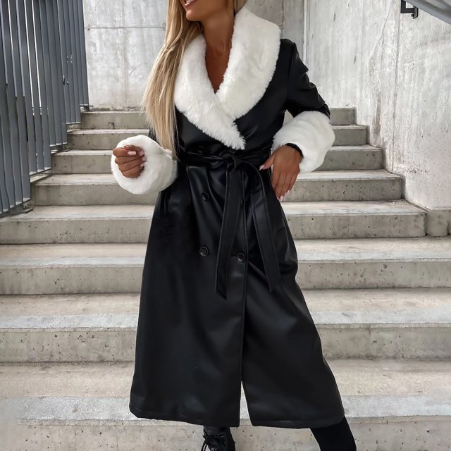 Chaquetas y abrigos de piel sintética sin capucha y manga larga para mujer, chaqueta cálida de manga larga, parkas finas de invierno, abrigo de piel sintética sin capucha para mujer