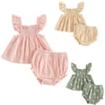 thumbnail image 1 of 2Pcs Baby Girl Summer Outfits, Daisy Print Smocked Fly Sleeve Tank Top  Ruffle Bloomers Shorts Set, Toddler Infant Cotton Clothes, 1 of 10