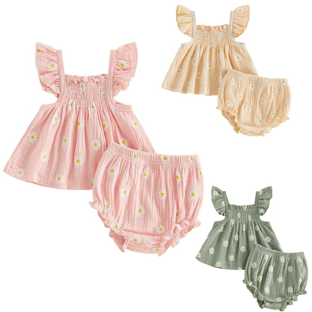 2Pcs Baby Girl Summer Outfits, Daisy Print Smocked Fly Sleeve Tank Top Ruffle Bloomers Shorts Set, Toddler Infant Cotton Clothes