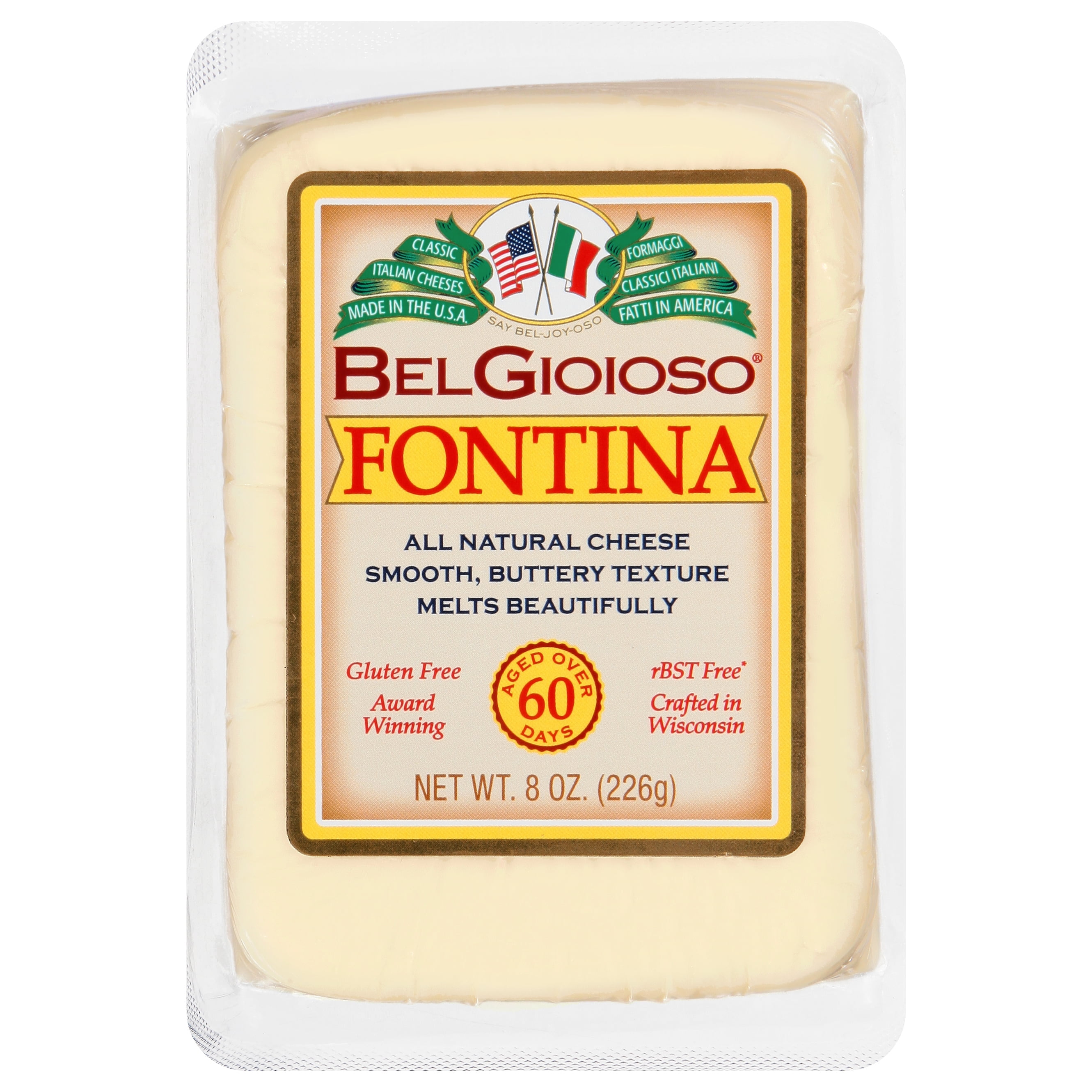 BelGioioso Fontina Cheese Wedge 8oz, Specialty Hard Cheese, Refrigerated Plastic Packet
