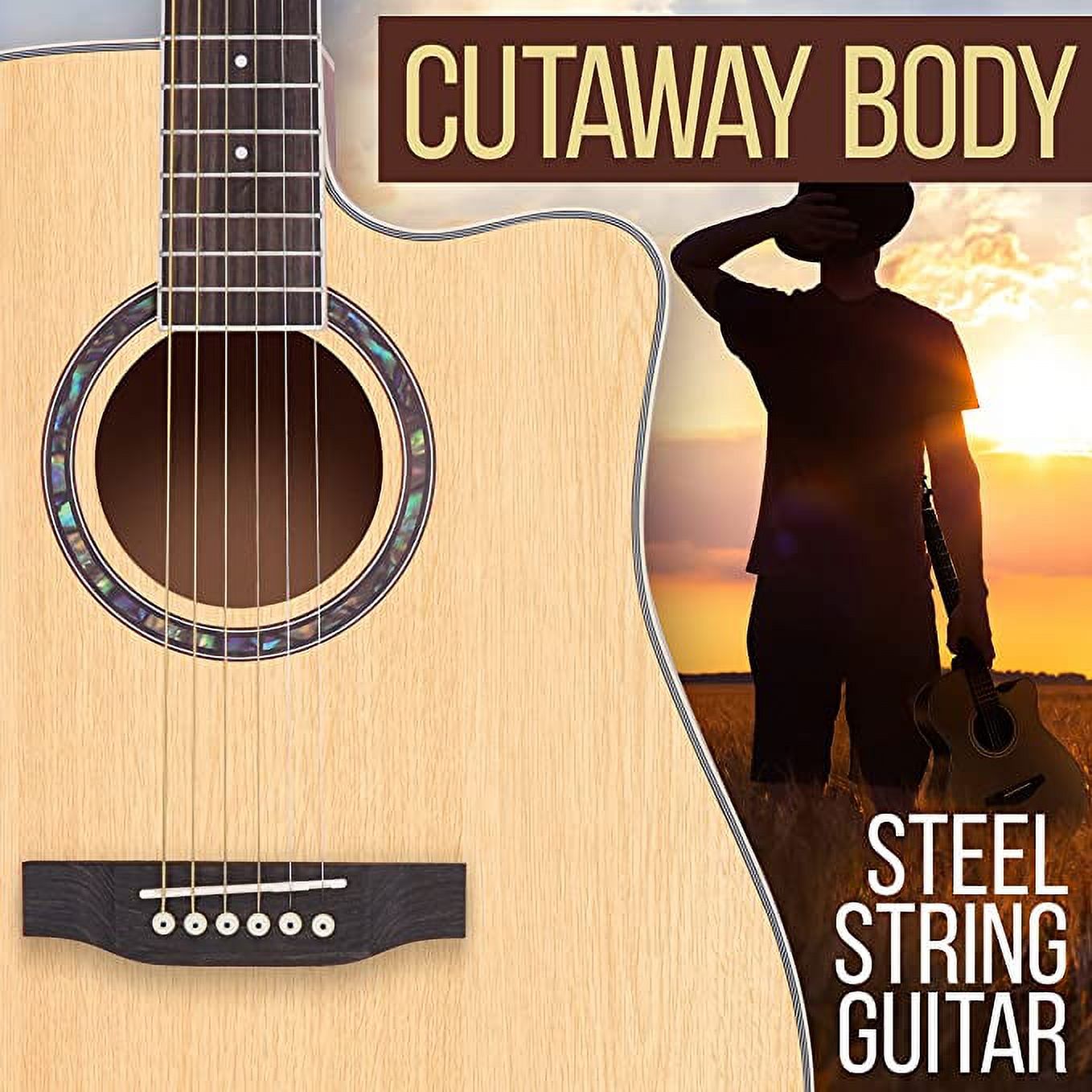 Pyle Full Size Acoustic Guitar Kit, Steel String, Dreadnought Cutaway, with Capo 41” Natural Matte